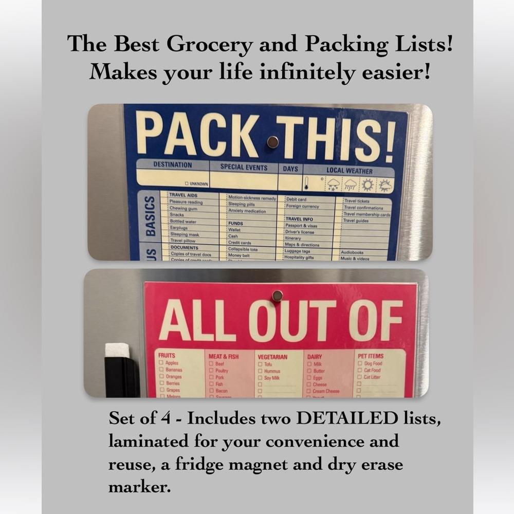Magnetic Grocery and Packing Lists with Marker. Reusable. Detailed. Convenient.
